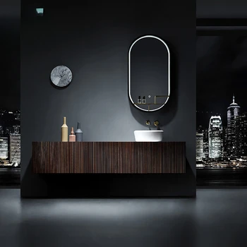 Aukštos klasės užsakymą juoda riešutmedžio medienos spalvos vonios spintelė kriauklės spintelė derinys Nordic light luxury tualetas washbas