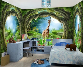beibehang 3D trimatis dekoratyvinės tapetų fantazijos miškų didelis medis gyvūnų žirafa visą namą temą freskos 3d tapetai