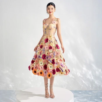 Midi Ilgis Spalvinga Žiedų Kokteilių Suknelė Plius Dydis Brangioji Užsakymą Išsiuvinėti 3D Gėlių Akių Įžymybė Vakarą Dresse
