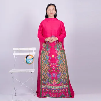 Miyake Plisuotos Suknelė Moterims 2023 Žiemos Naujas Senovės Stilius, Spausdinta Apvalios Kaklo, ilgomis Rankovėmis Stilingas Prarasti Plius Dydis Moterų Suknelė