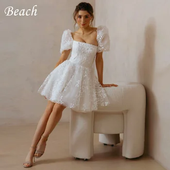 Paplūdimys Elegantiškas Aikštėje Apykaklę, Trumpa Balta Vestuvinė Suknelė 2023 Nėrinių Appliques Sluoksniuotos Rankovėmis Linijos, Paprastas Nuotakos Suknelė Chalatas De Mariee
