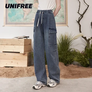 UNIFREE Tiesios Kojos Moterų Džinsus, American Retro Streetwear Moterų Krovinių Kelnės Didelės Kišenės Baggy Jeans Moterims